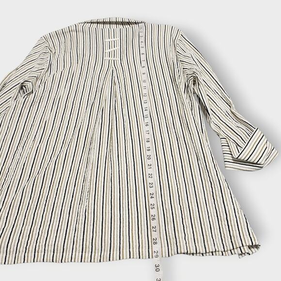 Ali Miles Size Medium Tan Black Stripe Button Front Tunic Top Lagenlook Artsy - Picture 12 of 13